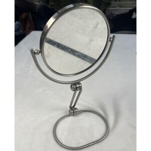Adjustable Tabletop Vanity Makeup Mirror Round Brushed Metal Folding Stand Tilt